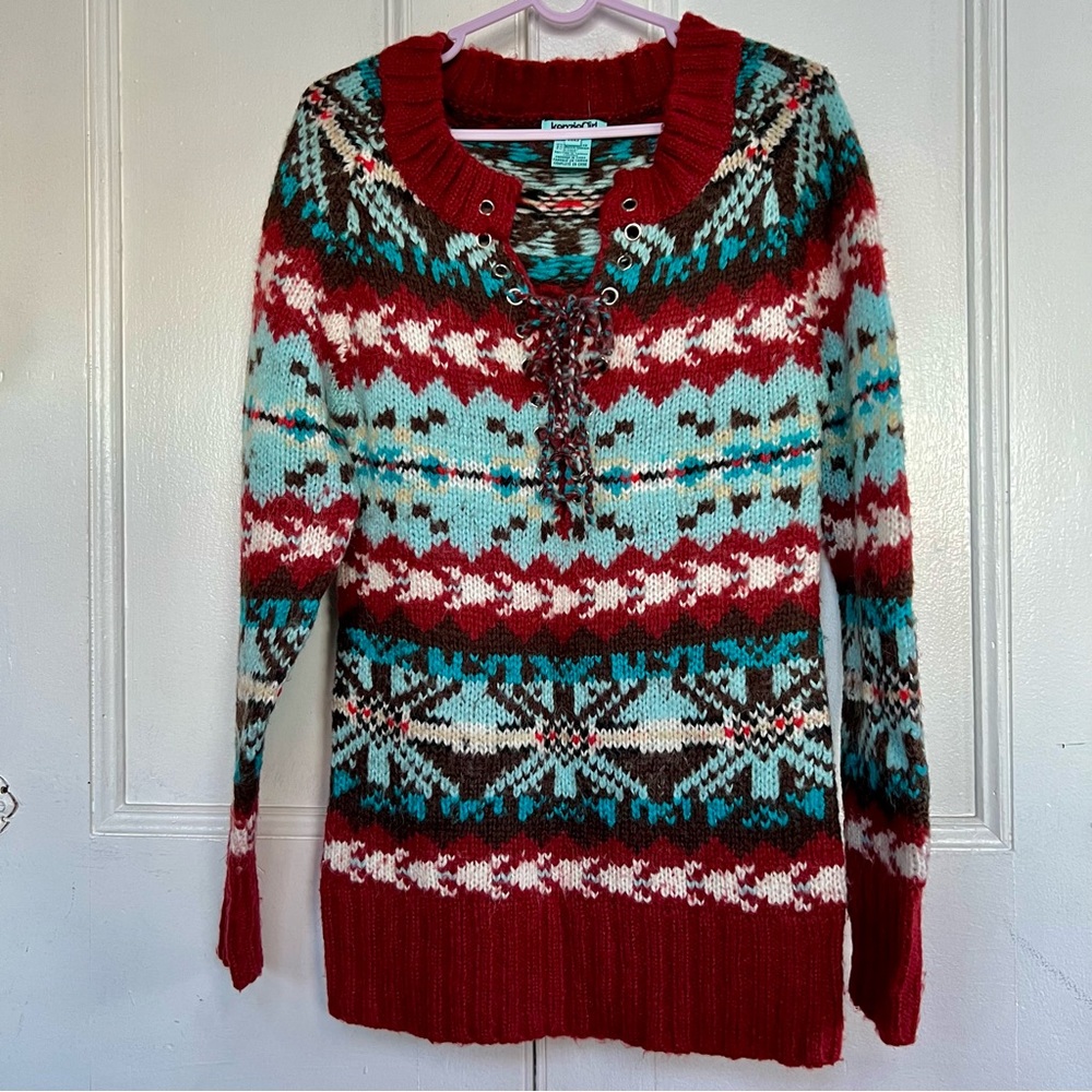 Vintage Kenzie Girl Multicolor Mohair Sweater Pullover Lace Up Size M